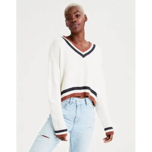 American Eagle White Brown V-Neck Sweater XS